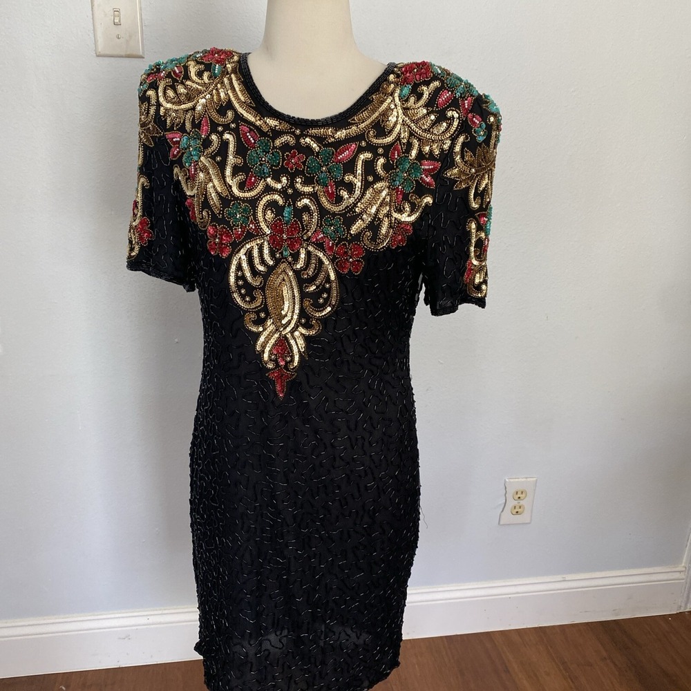 SCALA‎ Dress Womens Medium Petite Silk 90s Y2K Fairy Beaded Sequin Cocktail Vtg